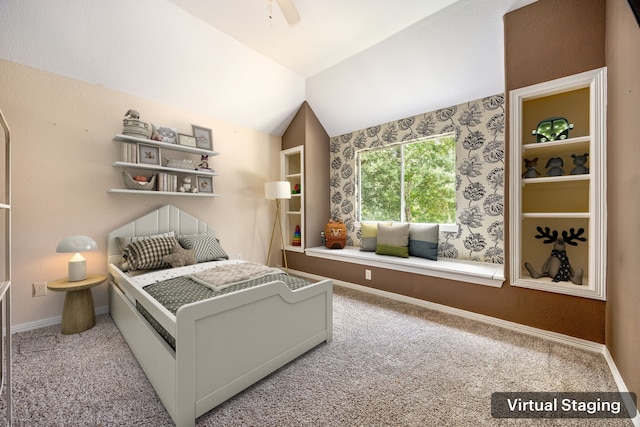 14742 Timbergreen Dr, Magnolia, TX 77355 - carpeted bedroom with lofted ceiling, baseboards, and ceiling fan