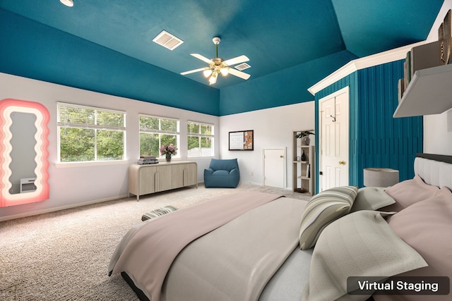 14742 Timbergreen Dr, Magnolia, TX 77355 - carpeted bedroom with baseboards, lofted ceiling, and a ceiling fan