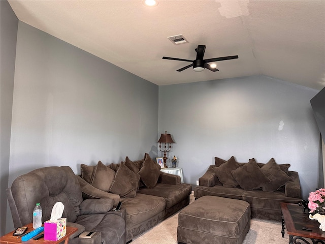 3876 Hummingbird, Bedias, TX 77831 - carpeted living room with a ceiling fan and lofted ceiling