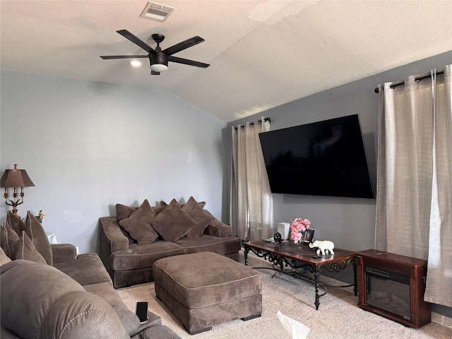 3876 Hummingbird, Bedias, TX 77831 - carpeted living area featuring vaulted ceiling and ceiling fan