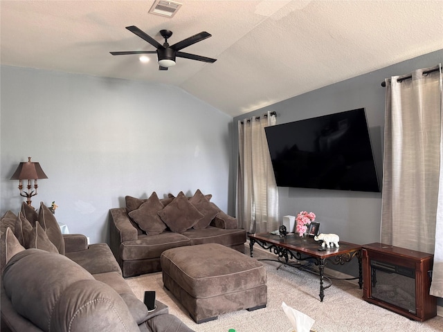 3876 Hummingbird, Bedias, TX 77831 - carpeted living room with lofted ceiling and ceiling fan