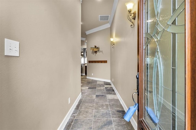 253 Capetown, Montgomery, TX 77356 - hallway featuring crown molding, baseboards, and dark stone finish flooring