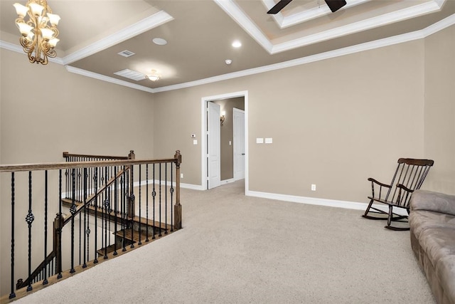 253 Capetown, Montgomery, TX 77356 - hallway featuring an upstairs landing, crown molding, carpet floors, recessed lighting, and a chandelier