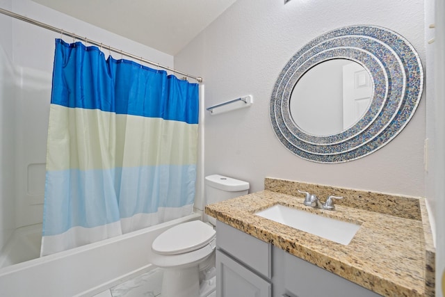 20151 Pioneer Ridge Dr, Cypress, TX 77433 - bathroom with shower / tub combo with curtain, marble finish flooring, vanity, and toilet