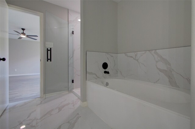11623 Silent Elm St, Houston, TX 77044 - full bathroom featuring a marble finish shower, a garden tub, ceiling fan, marble tiled floors, and baseboards