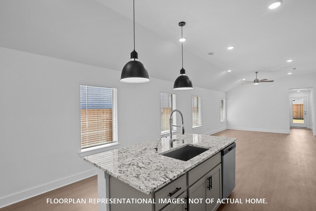 20526 Draper Rd, Tomball, TX 77377 - kitchen featuring a sink, stainless steel dishwasher, lofted ceiling, light wood finished floors, and baseboards