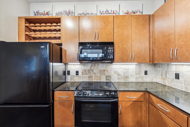 kitchen featuring black appliances, tasteful backsplash, brown cabinets, and dark stone counters