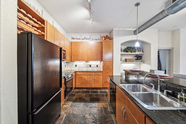 kitchen with black appliances, a sink, open shelves, stone tile flooring, and brown cabinetry