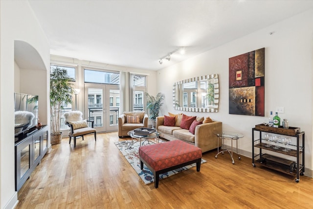 living area with light wood-style flooring and rail lighting