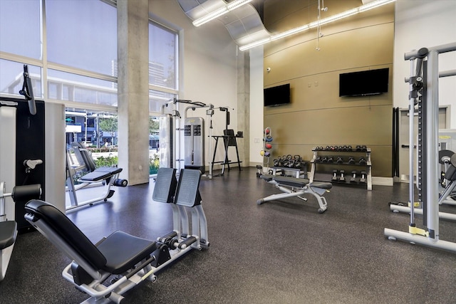 workout area featuring a high ceiling