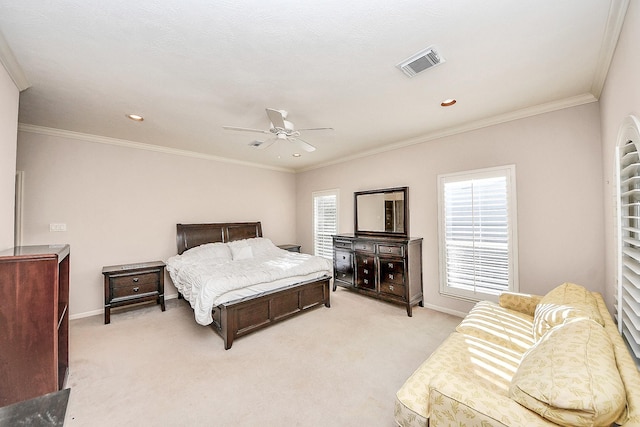 5701 Sugar Hill Dr, Houston, TX 77057 - bedroom featuring light colored carpet, baseboards, a ceiling fan, recessed lighting, and ornamental molding