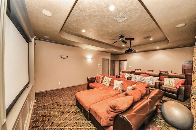 5701 Sugar Hill Dr, Houston, TX 77057 - home theater featuring a raised ceiling, dark carpet, recessed lighting, and ceiling fan