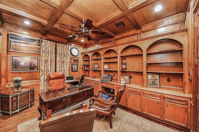 5701 Sugar Hill Dr, Houston, TX 77057 - office with ceiling fan, wooden ceiling, built in features, light wood-style flooring, and beam ceiling