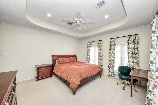 5701 Sugar Hill Dr, Houston, TX 77057 - bedroom with a raised ceiling, light colored carpet, ornamental molding, recessed lighting, and baseboards