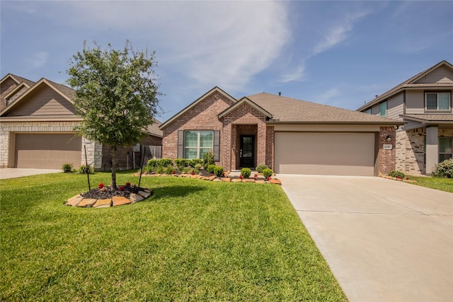 22065 Juniper Crossing Dr, New Caney, TX 77357 - ranch-style house featuring brick siding, an attached garage, driveway, a front lawn, and a shingled roof