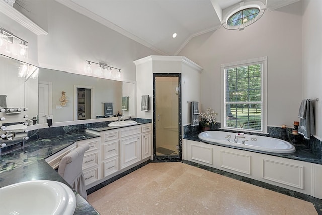 711 Valley Commons Dr, Huffman, TX 77336 - full bath featuring high vaulted ceiling, vanity, a stall shower, a bath, and inlaid floor details
