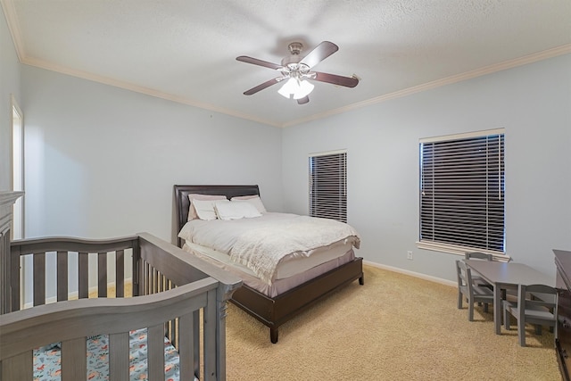 711 Valley Commons Dr, Huffman, TX 77336 - bedroom with light colored carpet, baseboards, ornamental molding, a heating unit, and ceiling fan
