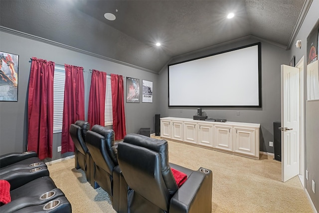 711 Valley Commons Dr, Huffman, TX 77336 - home theater room featuring vaulted ceiling, light colored carpet, crown molding, recessed lighting, and a textured ceiling