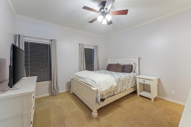 711 Valley Commons Dr, Huffman, TX 77336 - bedroom with crown molding, light colored carpet, baseboards, and a ceiling fan
