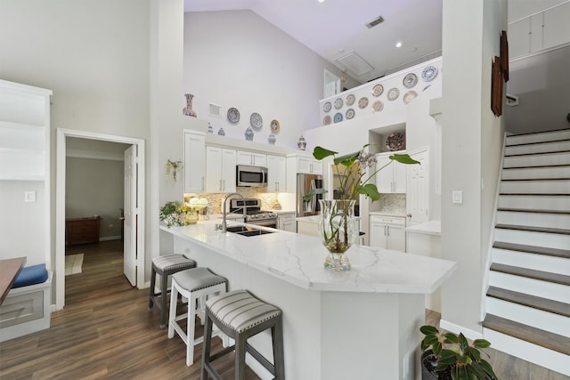 17150 Mountain Crest Dr, Spring, TX 77379 - kitchen featuring appliances with stainless steel finishes, high vaulted ceiling, white cabinets, a peninsula, and dark wood-style floors