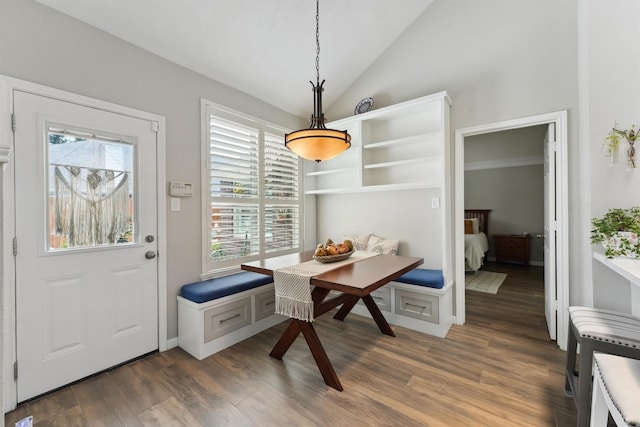 17150 Mountain Crest Dr, Spring, TX 77379 - dining area with breakfast area, dark wood-style flooring, and lofted ceiling