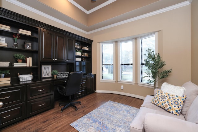 16114 Villa Fontana Way, Houston, TX 77068 - office area with built in study area, dark wood finished floors, crown molding, and baseboards