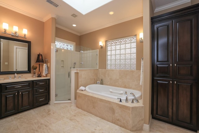 16114 Villa Fontana Way, Houston, TX 77068 - full bathroom featuring a skylight, a garden tub, a stall shower, vanity, and ornamental molding