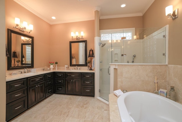 16114 Villa Fontana Way, Houston, TX 77068 - full bath featuring a bath, a shower stall, double vanity, and ornamental molding