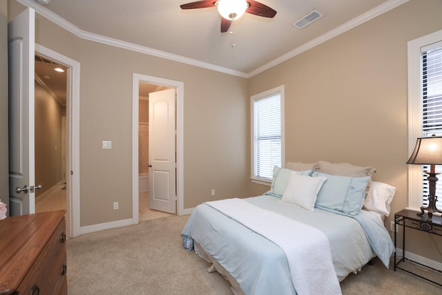 16114 Villa Fontana Way, Houston, TX 77068 - bedroom featuring ornamental molding, light carpet, baseboards, ensuite bathroom, and a ceiling fan