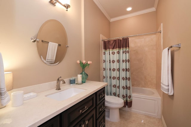 16114 Villa Fontana Way, Houston, TX 77068 - bathroom with toilet, ornamental molding, vanity, tile patterned floors, and shower / bath combo with shower curtain