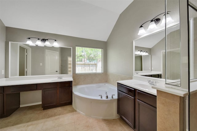 27506 Colin Springs Ln, Spring, TX 77386 - bathroom with vaulted ceiling, tile patterned flooring, a bath, two vanities, and a shower stall