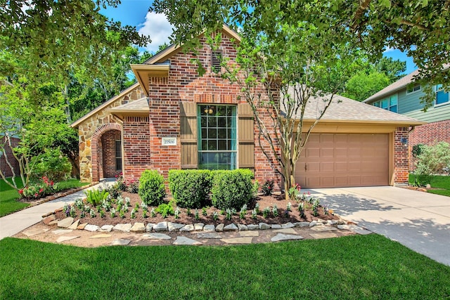 27506 Colin Springs Ln, Spring, TX 77386 - view of front facade featuring brick siding, an attached garage, driveway, roof with shingles, and a front yard