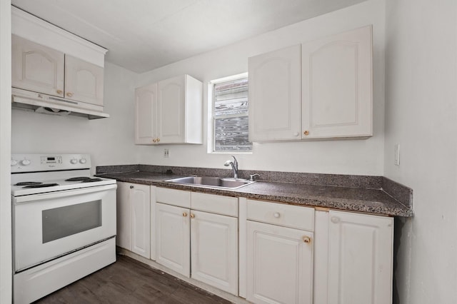 1922 Des Jardines St, Houston, TX 77023 - kitchen with white range with electric cooktop, under cabinet range hood, a sink, dark countertops, and dark wood-type flooring