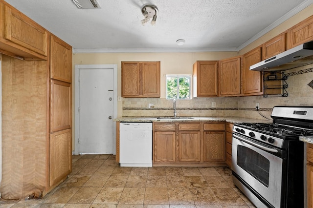 1922 Des Jardines St, Houston, TX 77023 - kitchen with stainless steel gas range oven, white dishwasher, a sink, tasteful backsplash, and under cabinet range hood