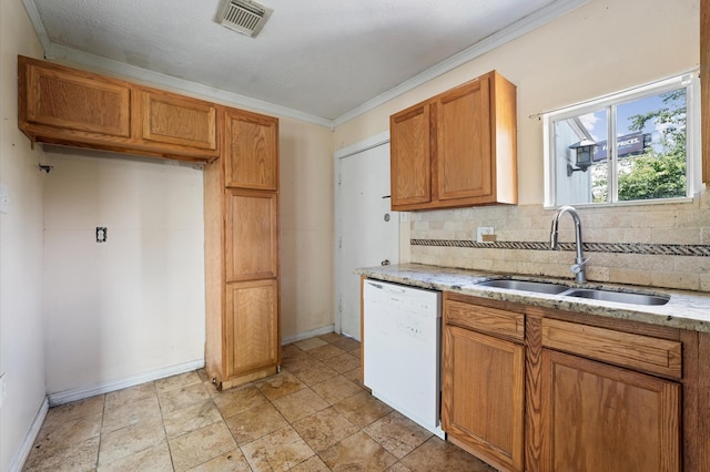 1922 Des Jardines St, Houston, TX 77023 - kitchen with dishwasher, a sink, ornamental molding, backsplash, and light stone countertops