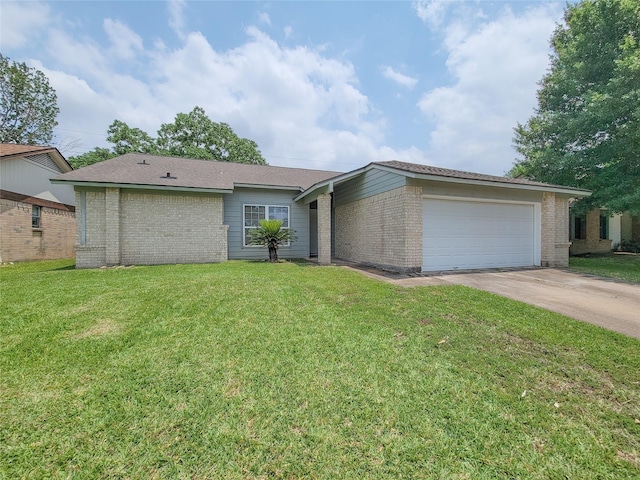 6722 Loch Bruceray Dr, Houston, TX 77084 - ranch-style home with brick siding, an attached garage, driveway, and a front yard