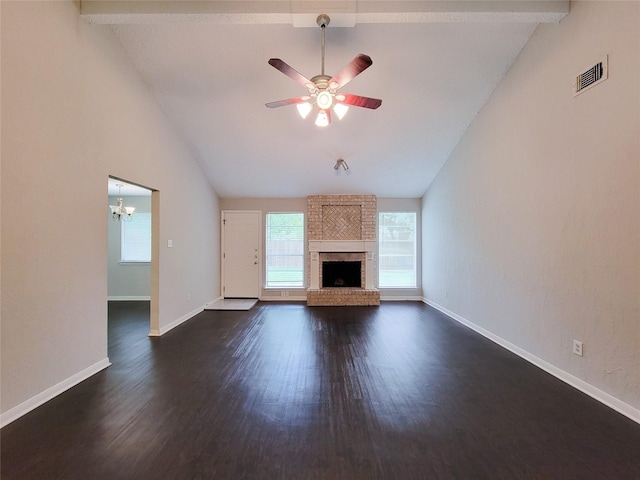 6722 Loch Bruceray Dr, Houston, TX 77084 - unfurnished living room with dark wood finished floors, baseboards, ceiling fan, and a brick fireplace