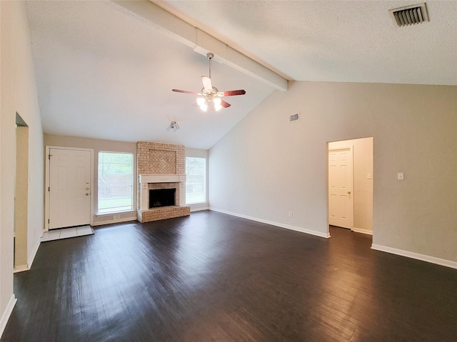 6722 Loch Bruceray Dr, Houston, TX 77084 - unfurnished living room featuring dark wood-style flooring, a ceiling fan, baseboards, and a brick fireplace