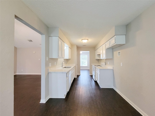 6722 Loch Bruceray Dr, Houston, TX 77084 - kitchen featuring electric stove, a sink, dark wood-style floors, light countertops, and baseboards