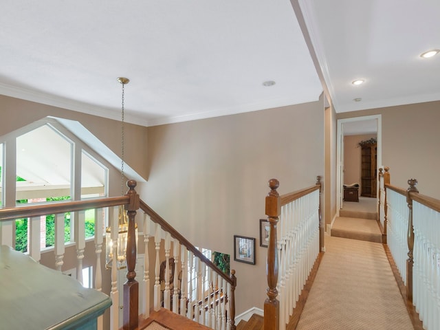 23222 Red Oak Trl, Tomball, TX 77377 - corridor featuring an upstairs landing, ornamental molding, recessed lighting, and baseboards