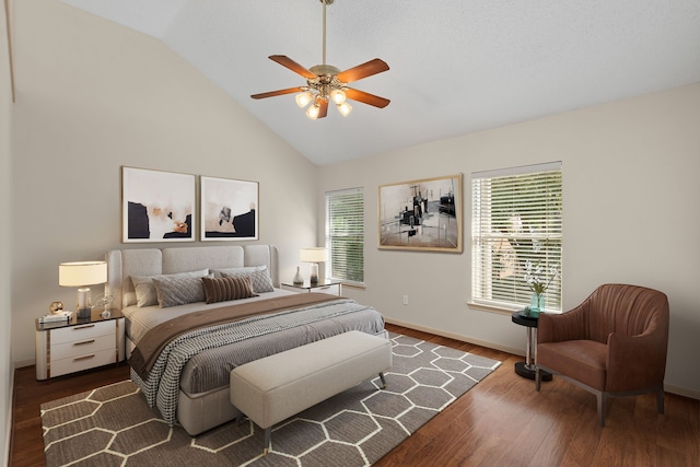 10011 Storm Meadow Dr, Houston, TX 77064 - bedroom featuring wood finished floors, baseboards, ceiling fan, and high vaulted ceiling