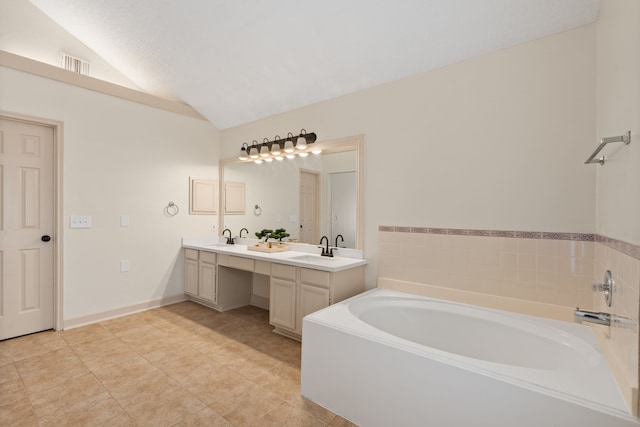 10011 Storm Meadow Dr, Houston, TX 77064 - bathroom featuring double vanity, a bath, and vaulted ceiling