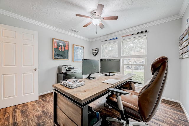 11607 Knobcrest Dr, Houston, TX 77070 - office area with wood finished floors, a ceiling fan, baseboards, crown molding, and a textured ceiling
