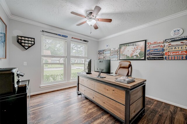 11607 Knobcrest Dr, Houston, TX 77070 - office featuring dark wood finished floors, a textured ceiling, a ceiling fan, crown molding, and baseboards