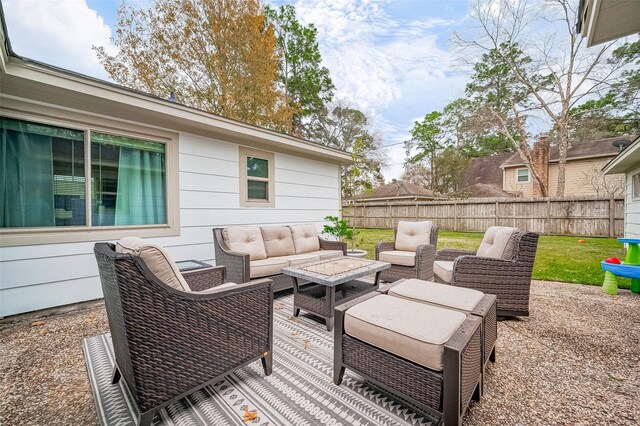 11607 Knobcrest Dr, Houston, TX 77070 - wooden terrace with an outdoor living space, a fenced backyard, and a patio