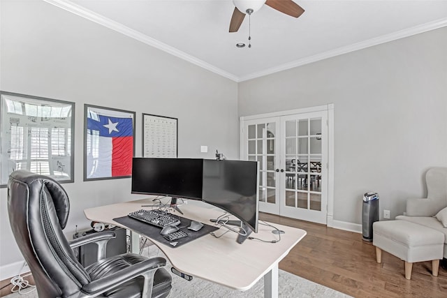 office space with french doors, crown molding, wood finished floors, ceiling fan, and baseboards