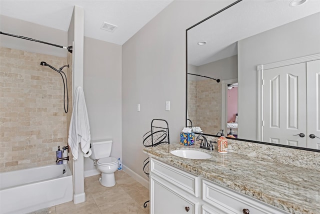 full bathroom with toilet, tub / shower combination, baseboards, vanity, and tile patterned floors