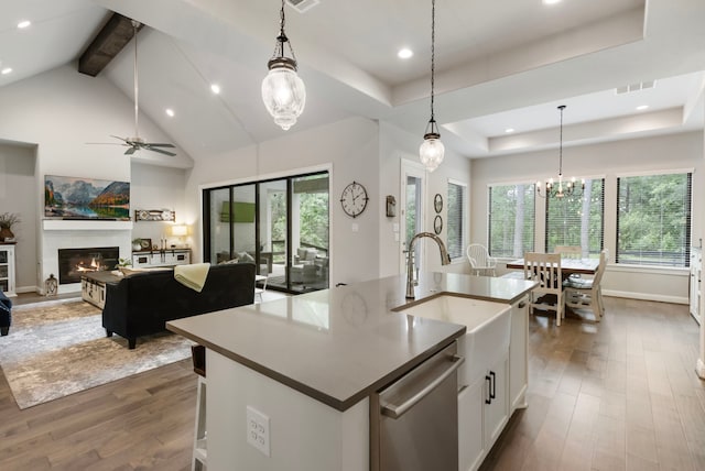 19720 Holly Creek Bnd, Magnolia, TX 77355 - kitchen with stainless steel dishwasher, plenty of natural light, dark wood-style floors, recessed lighting, and white cabinets