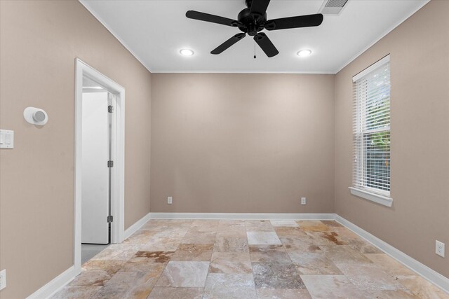 3115 Leeland St, Houston, TX 77003 - empty room with crown molding, stone tile flooring, a ceiling fan, baseboards, and recessed lighting