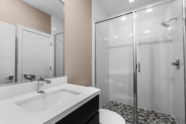 3115 Leeland St, Houston, TX 77003 - bathroom with a shower stall, recessed lighting, toilet, and vanity